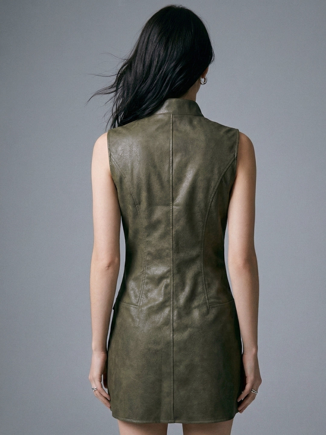 Olive Sleeveless Fitted Pu Dress