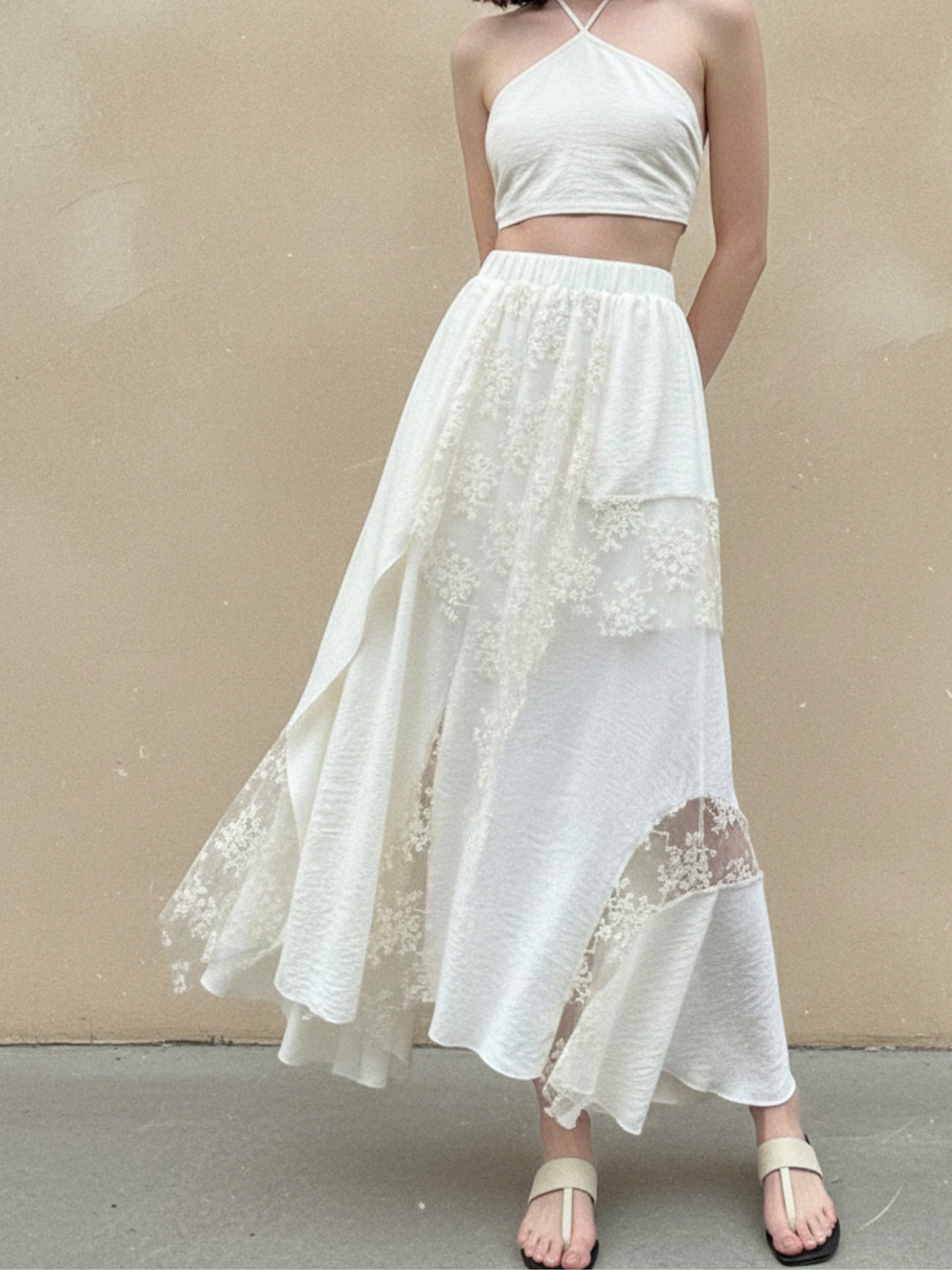 Cream Textured Skirt With Tiered Lace Inserts