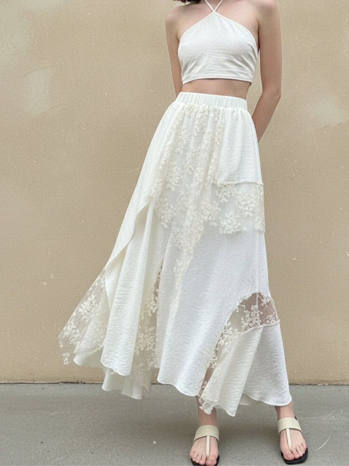 Cream Textured Skirt With Tiered Lace Inserts