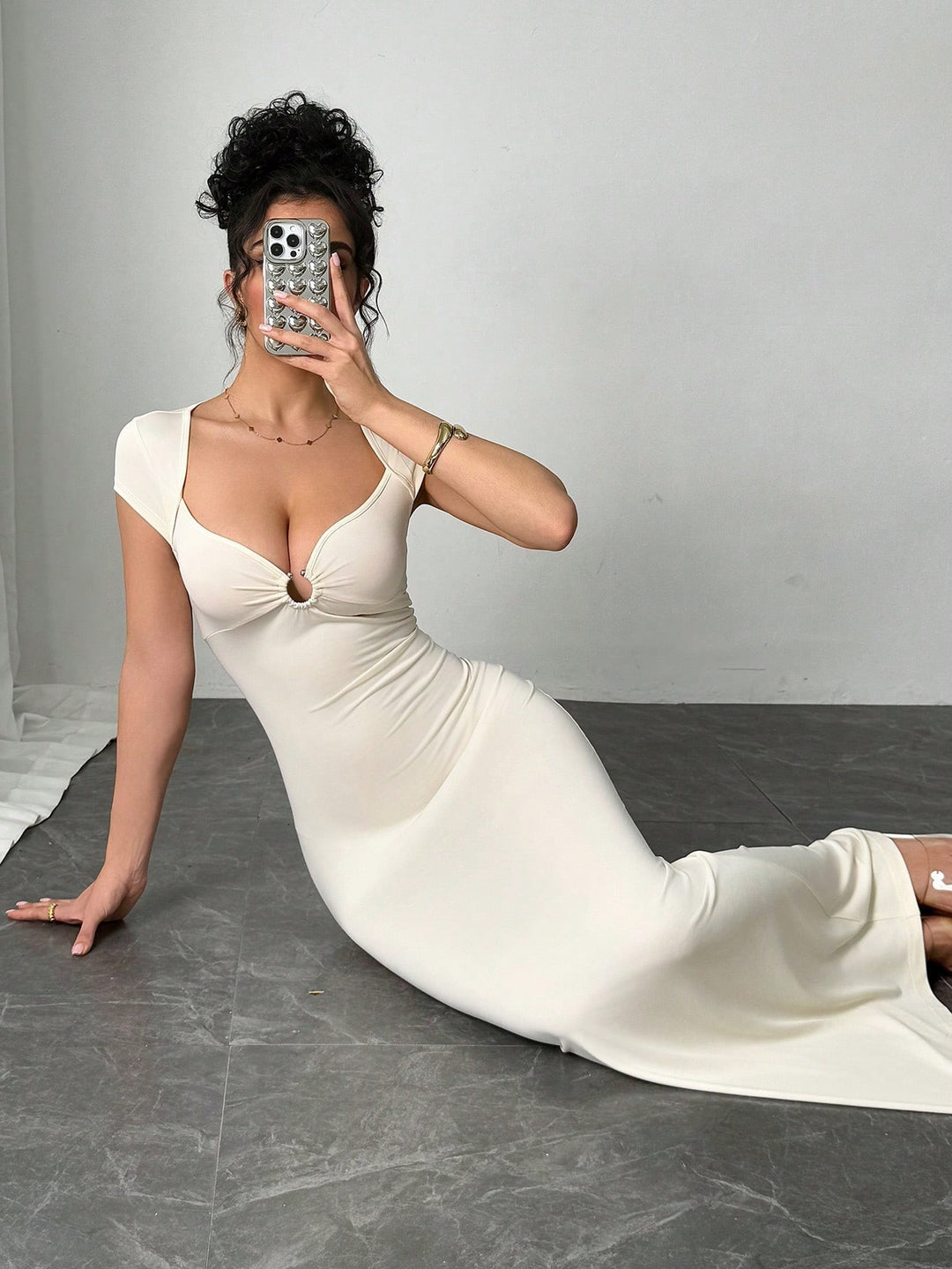 Beige Short Sleeve Metal Attached Dress