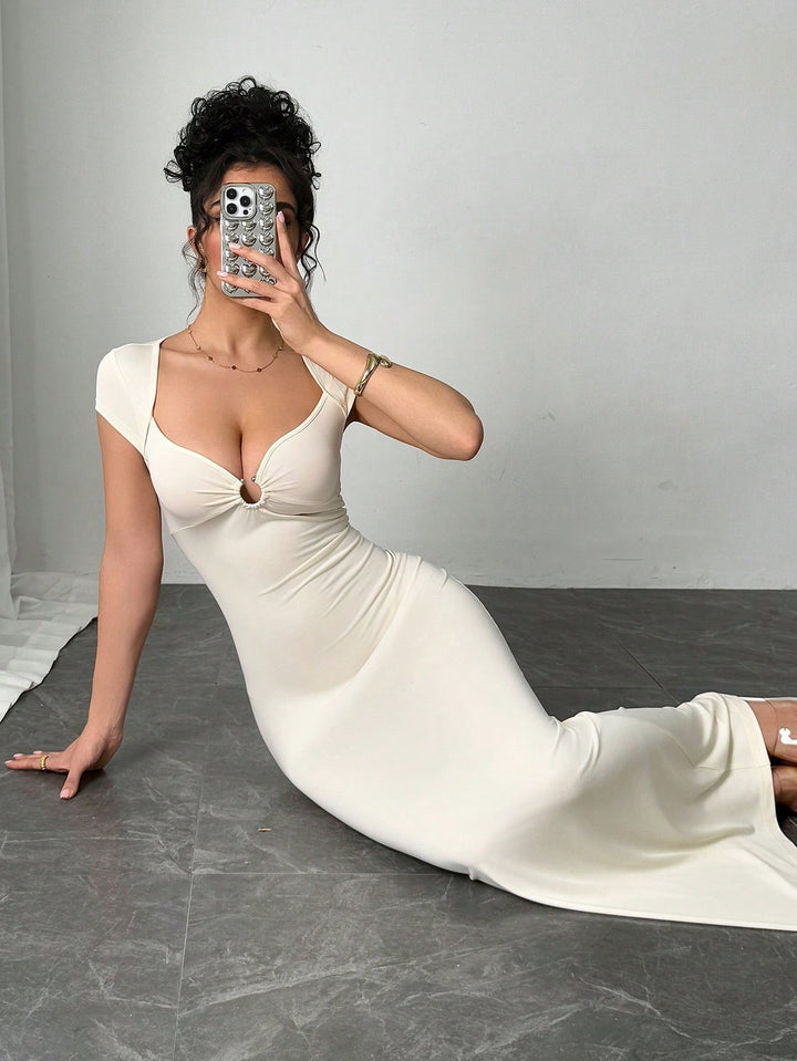 Beige Short Sleeve Metal Attached Dress
