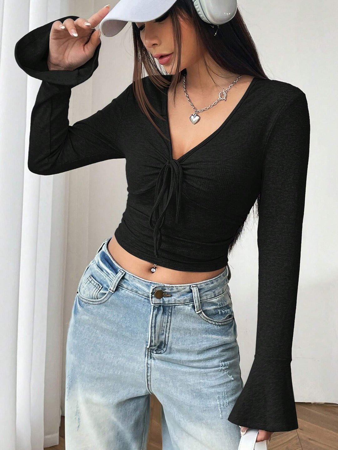 Black V Neck With Tie Up Detail Top
