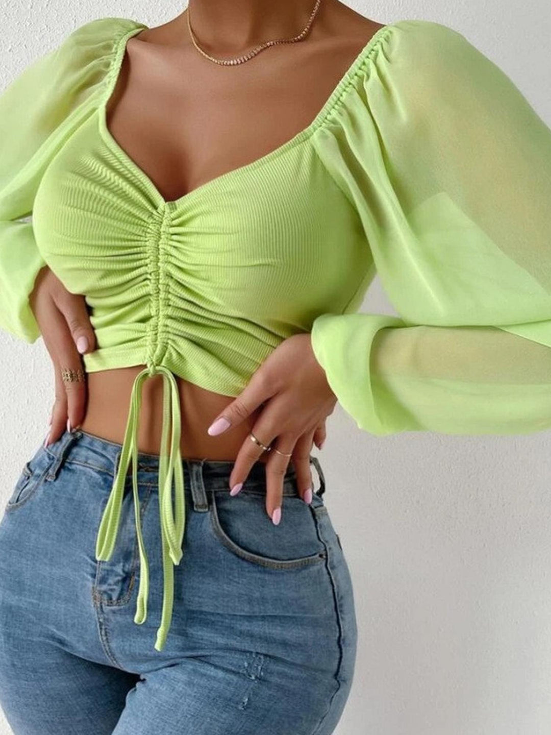Lime Green Ruched Blouse With Sheer Sleeves