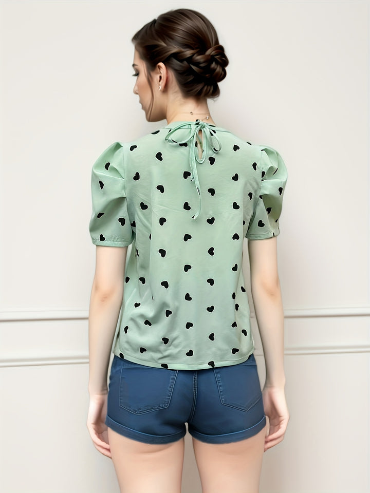 Green Half Puff Sleeves Printed Top