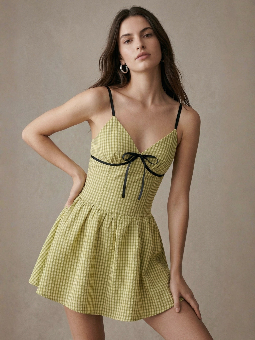 Green Strappy Waist Fitted Checkered Dress