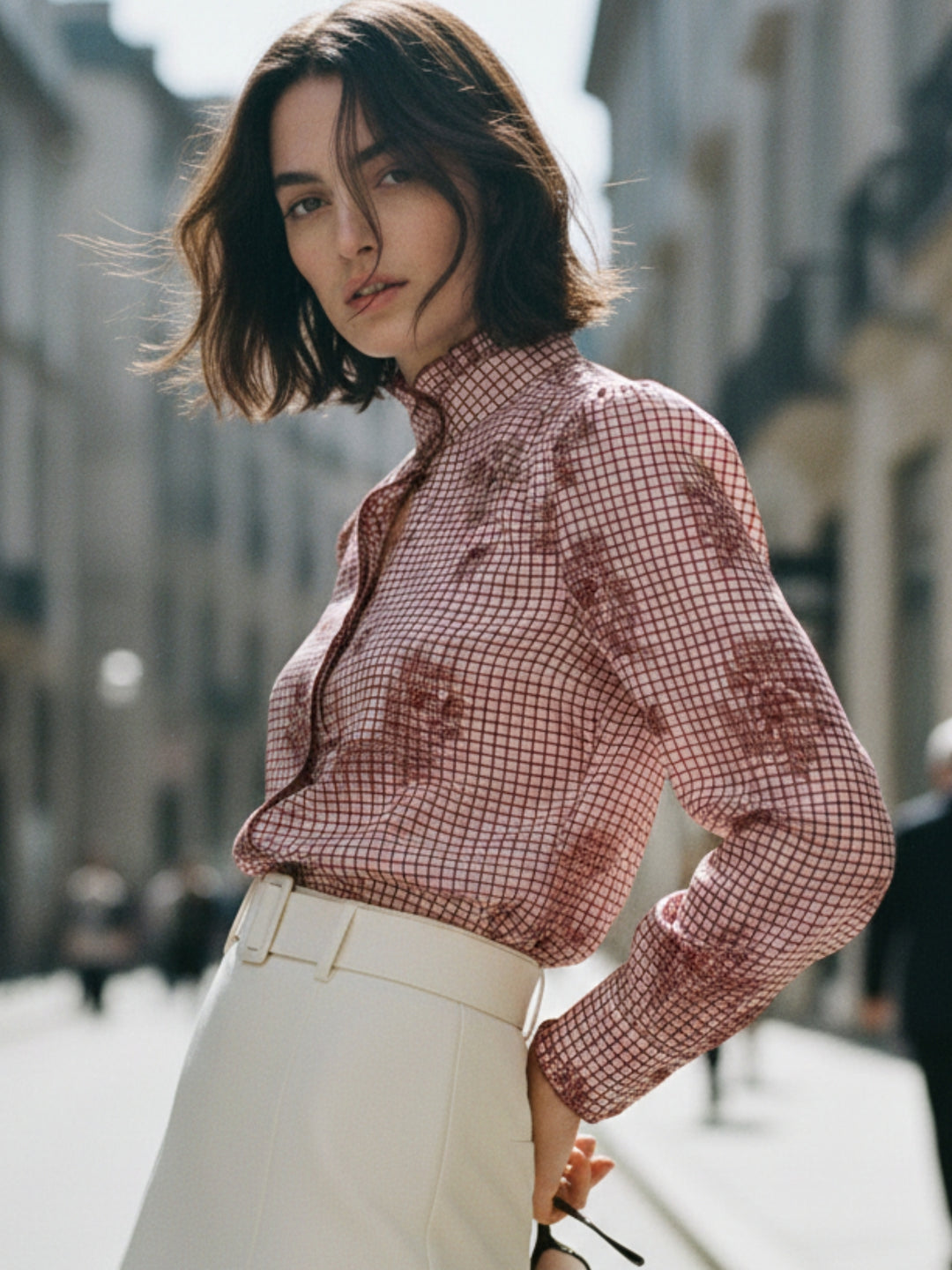 Red Puff Sleeved Ruffle Printed Top