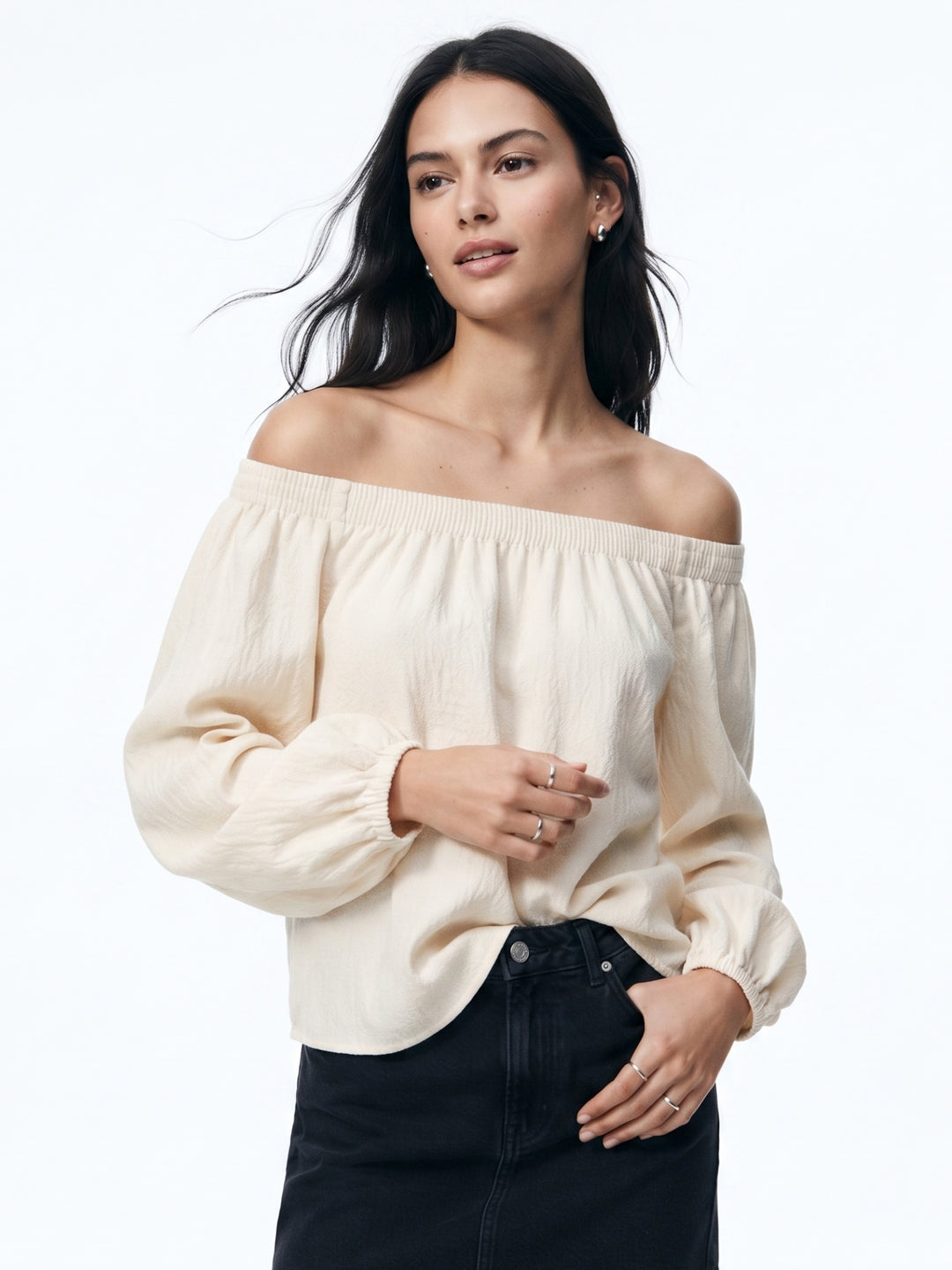 Off White Off Shoulder Balloon Sleeve