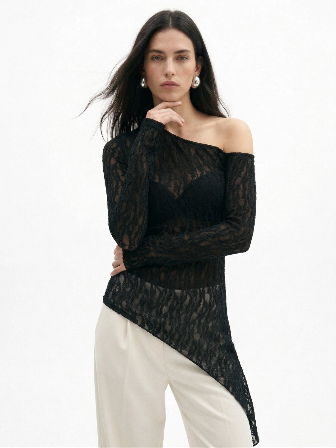 Black One Shoulder Sheer Asymmetrical Hem Top