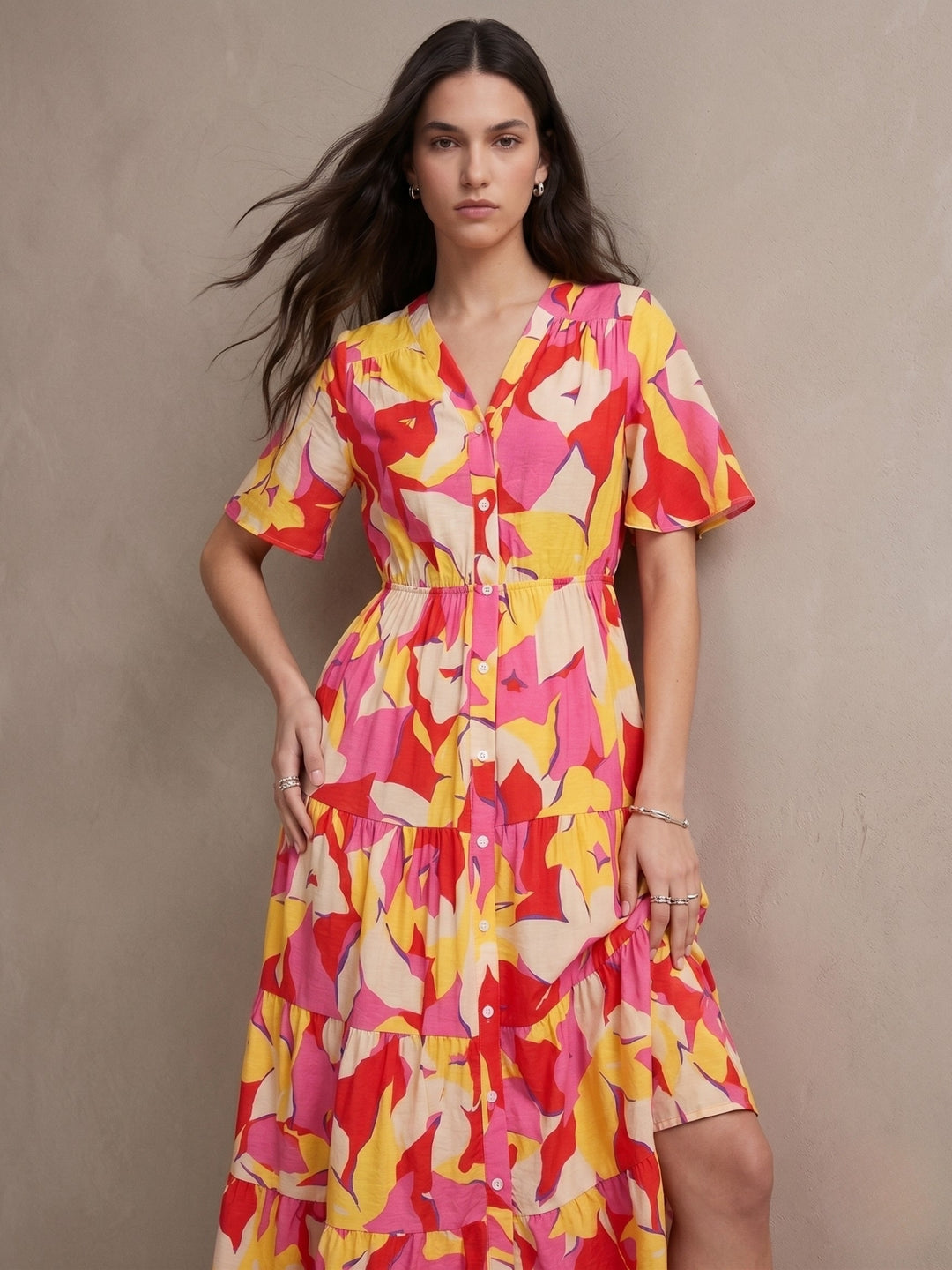 Multi Short Sleeve Waist Belted Dress
