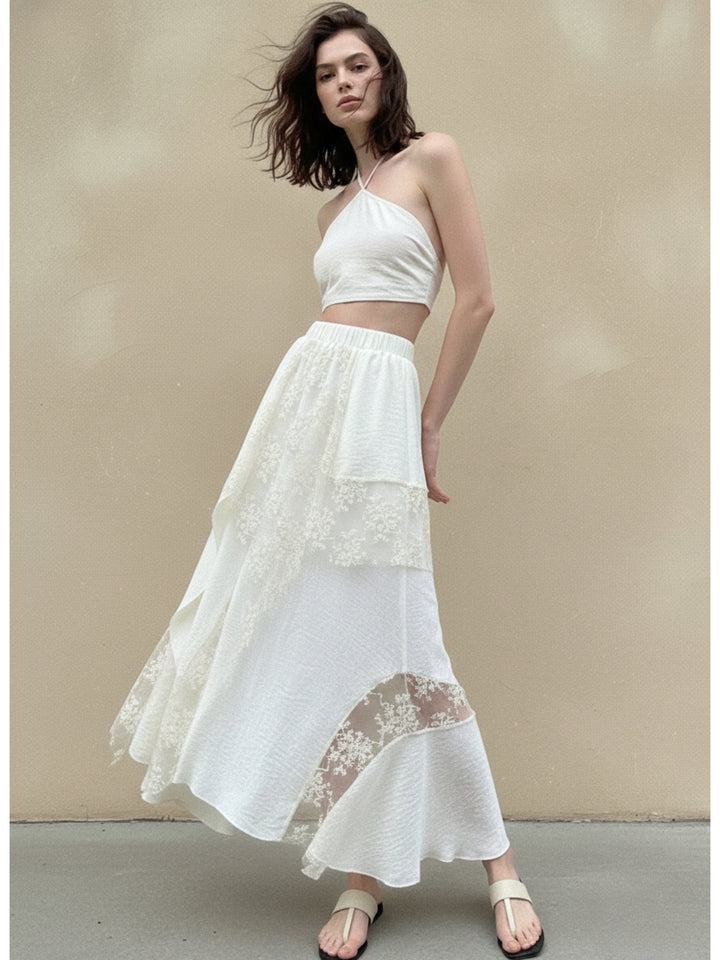 Cream Textured Skirt With Tiered Lace Inserts