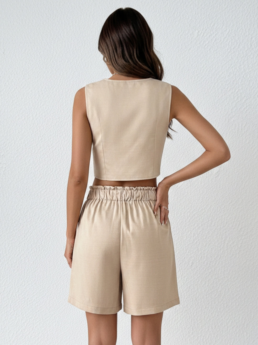 Beige Sleeveless Crop Vest And Shorts