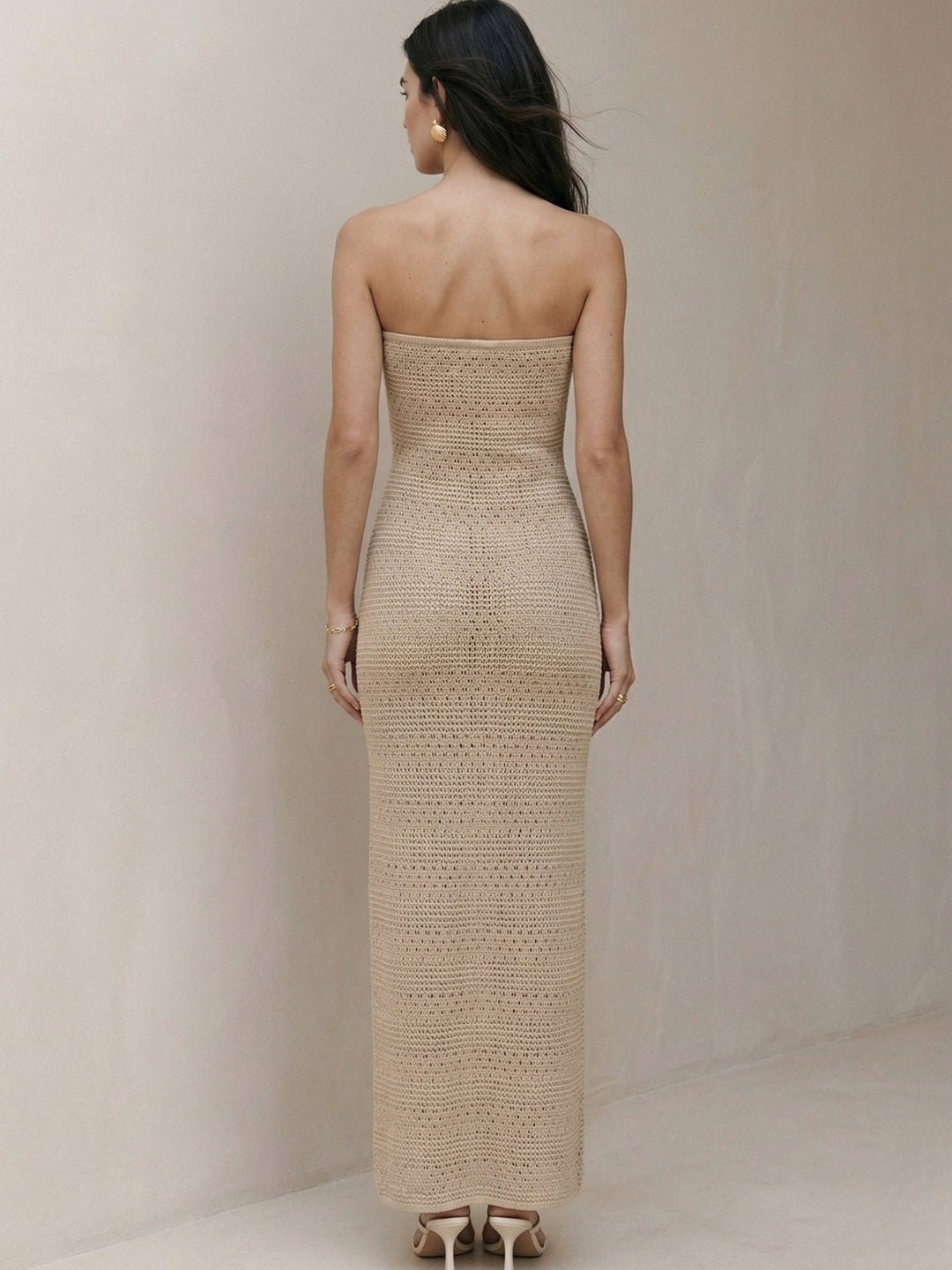 Beige Off Shoulder Keyhole Detail Dress