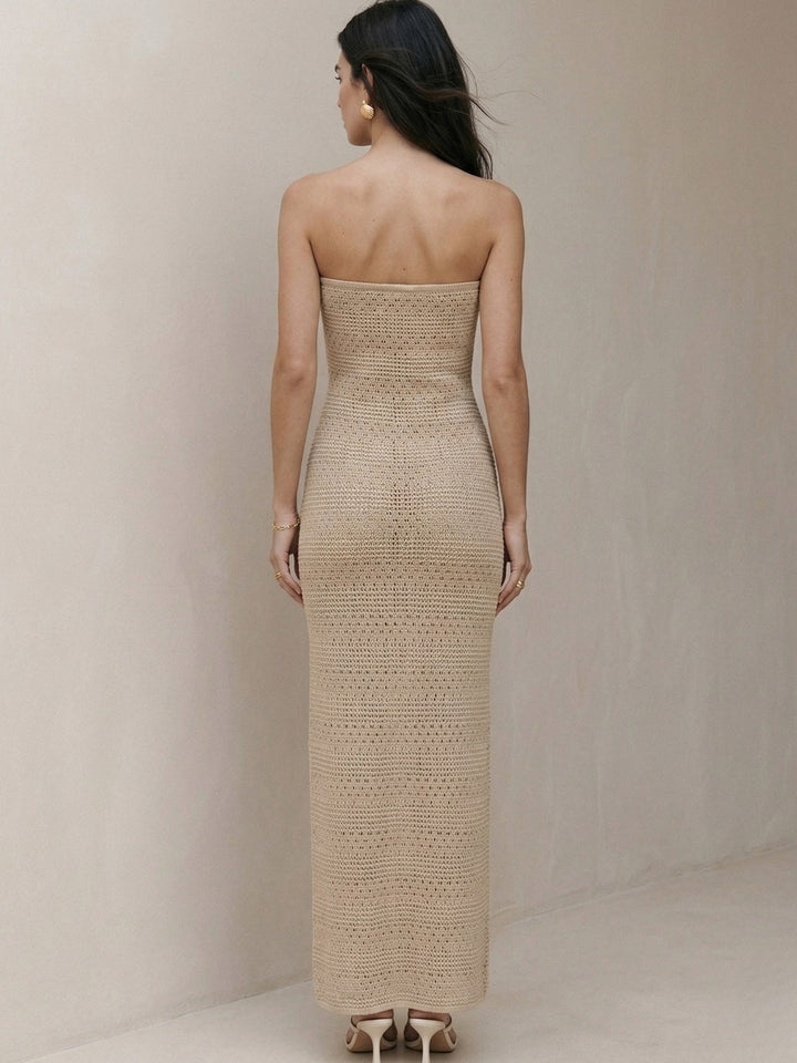 Beige Off Shoulder Keyhole Detail Dress