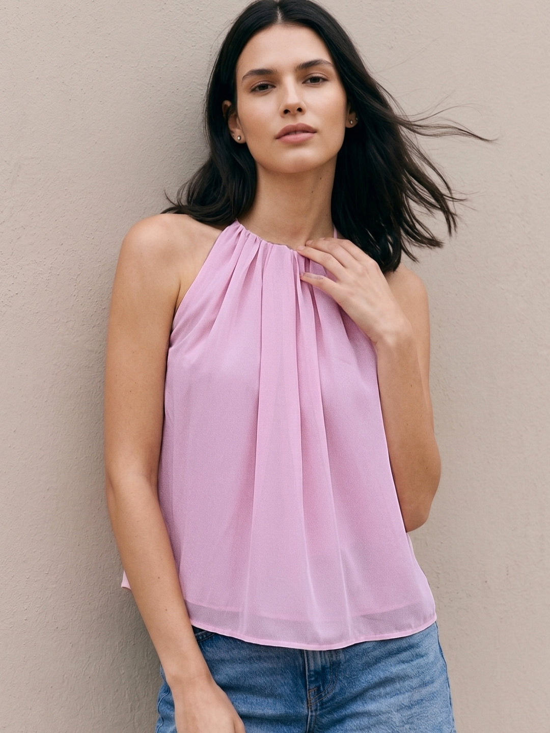 Pink Halter Neck Solid Blouse
