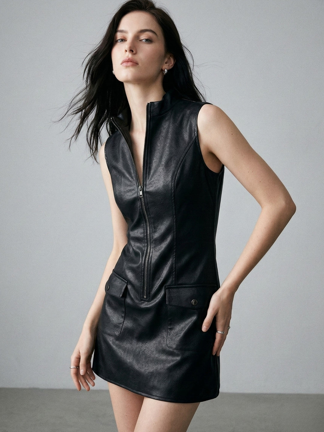 Black Sleeveless Fitted Pu Dress