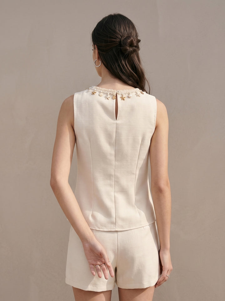 Cream Trim Detail Top And Shorts Set