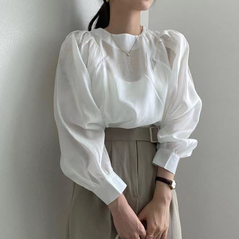 White Puff Sleeves Side Pleated Detail Top