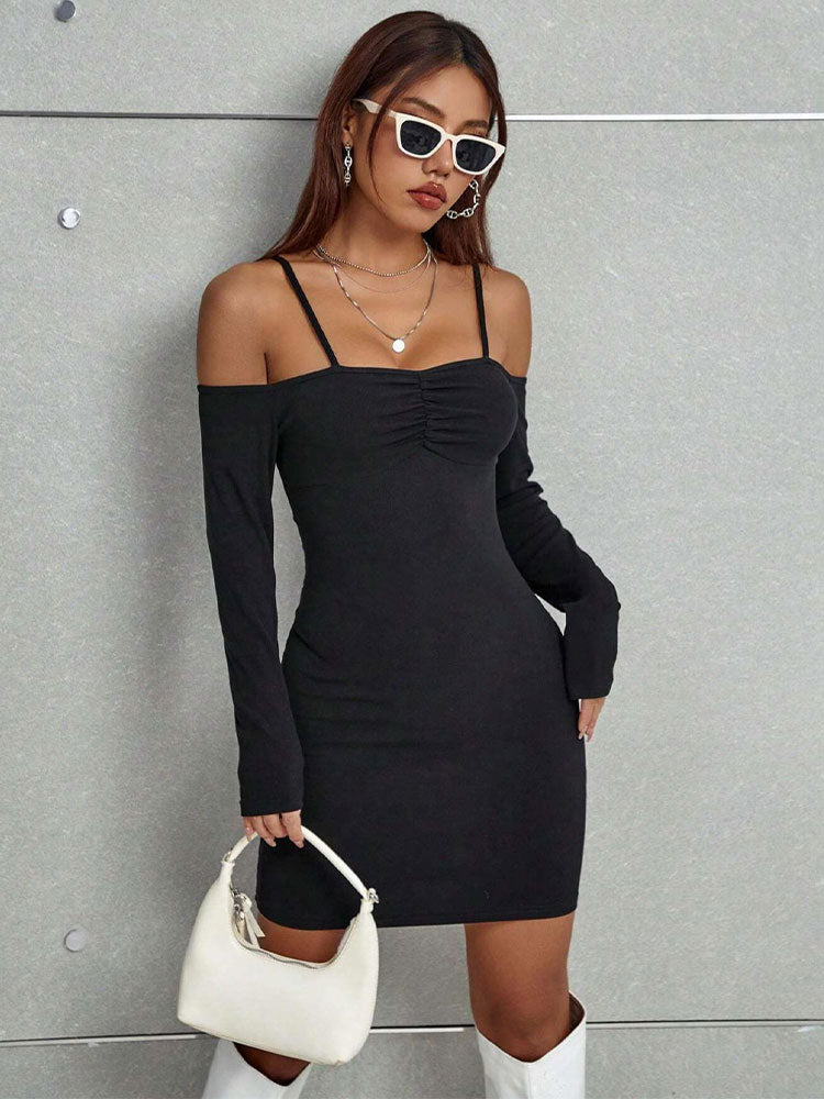 Black Off Shoulder Full Sleeves Mini Dress With Straps On Shoulder
