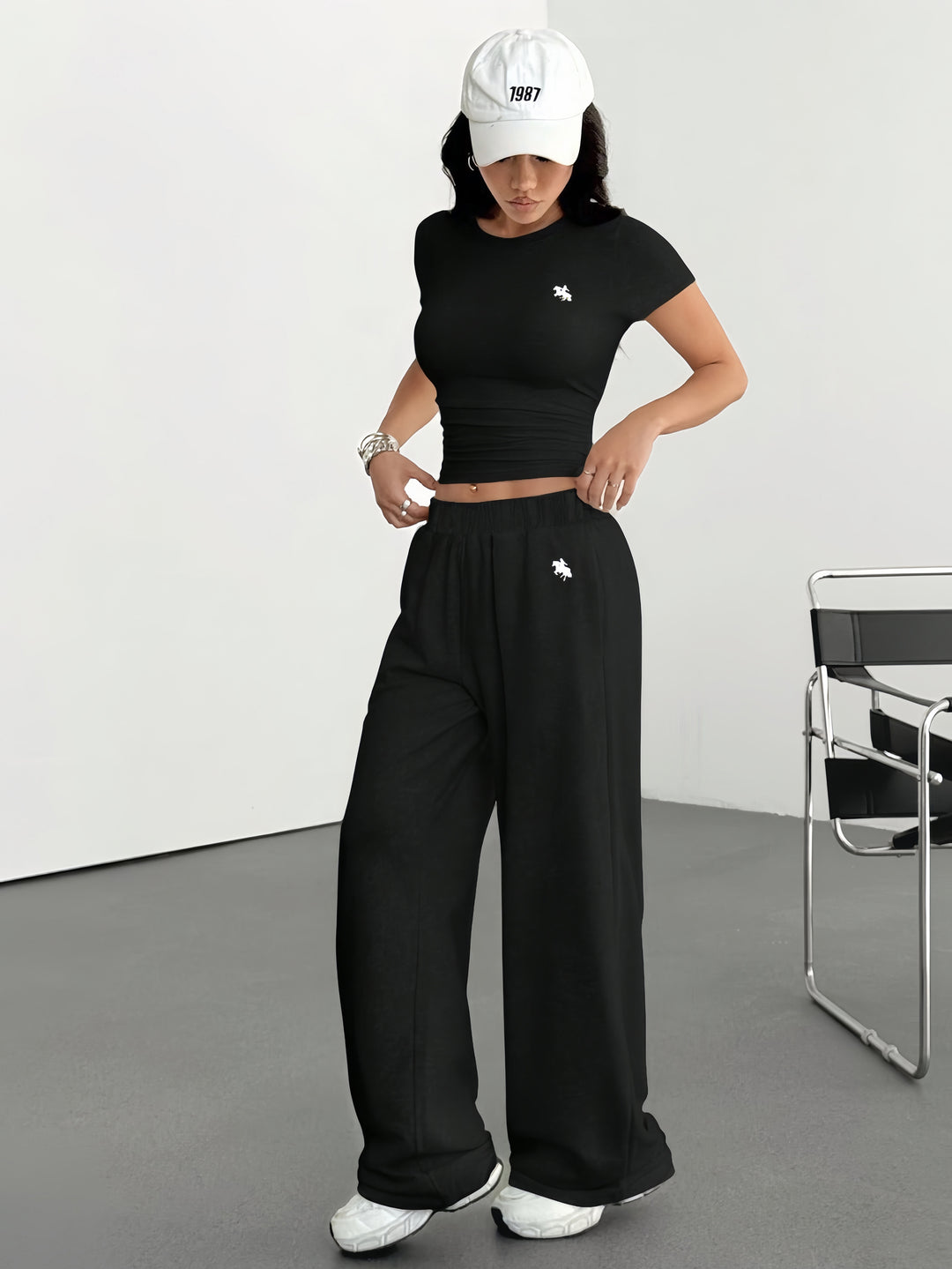 Black Short Sleeve Fitted Top And Pant Set