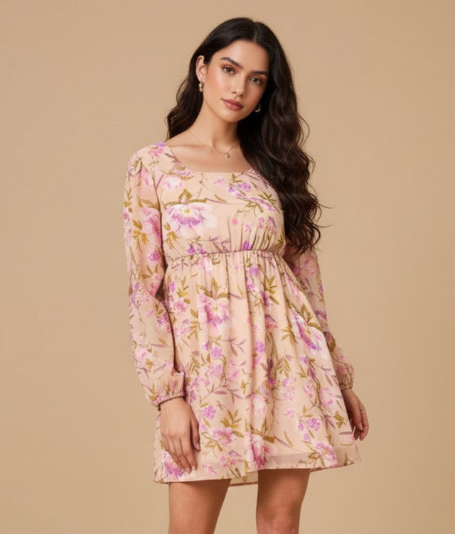 Beige Bishop Sleeve Round Neck Printed Dress