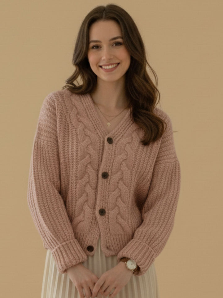Pink Full Sleeve Front Buttoned Slouchy Cardigan