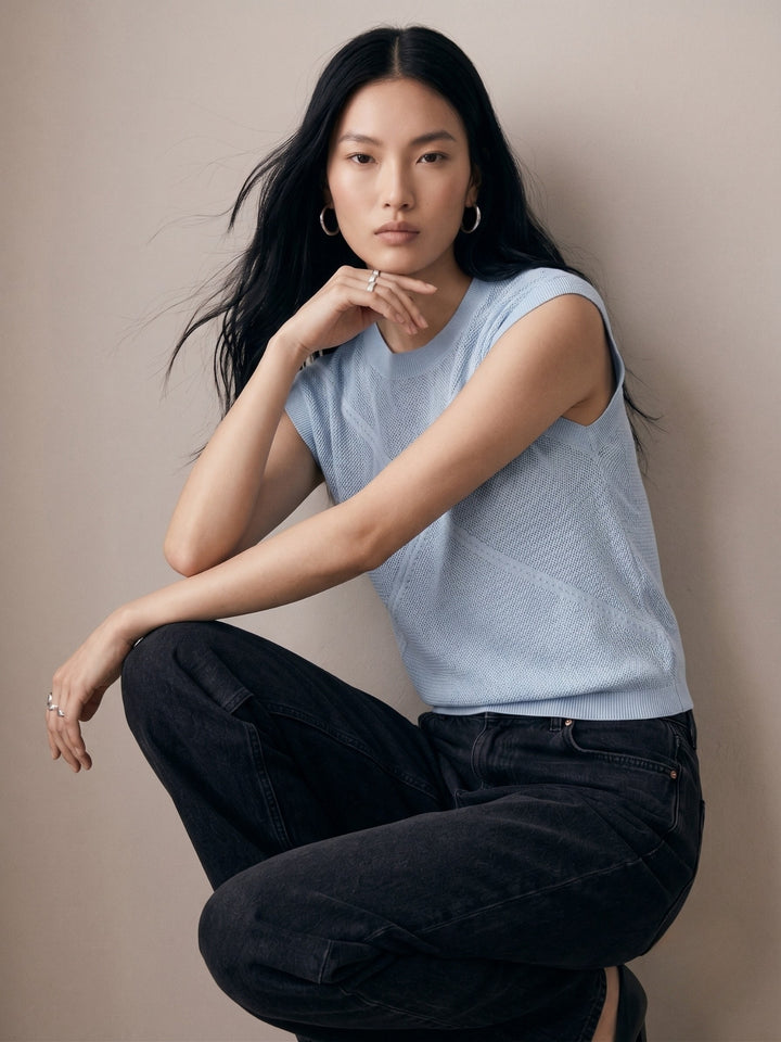 Blue High Neck Extened Sleeved Top