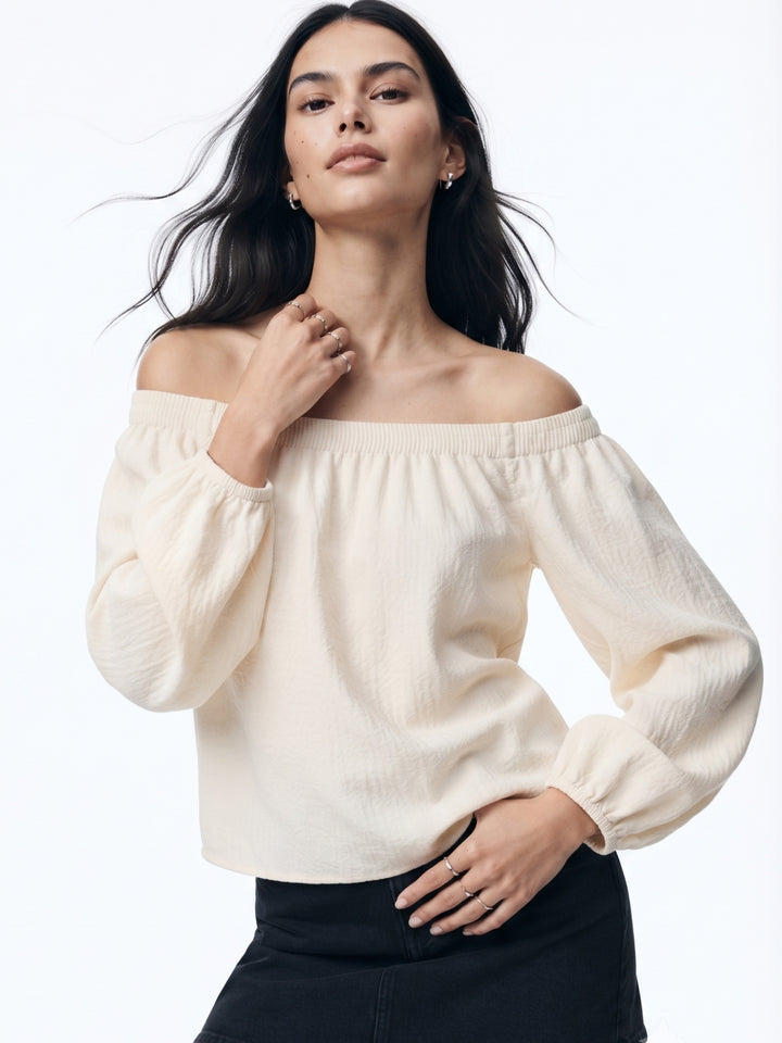 Off White Off Shoulder Balloon Sleeve