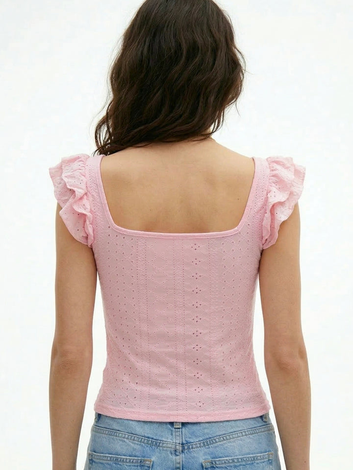 Pink Ruffle Sleeve Square Neck Schiffli Top