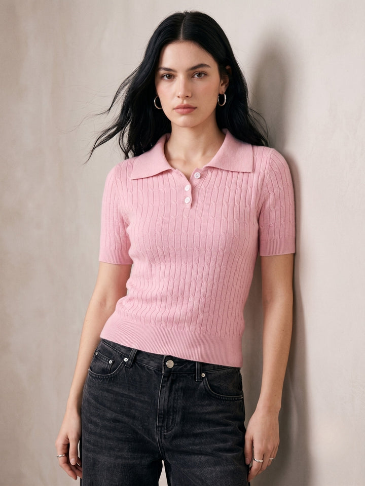 Pink Cable Knit Half Button Down Polo Top