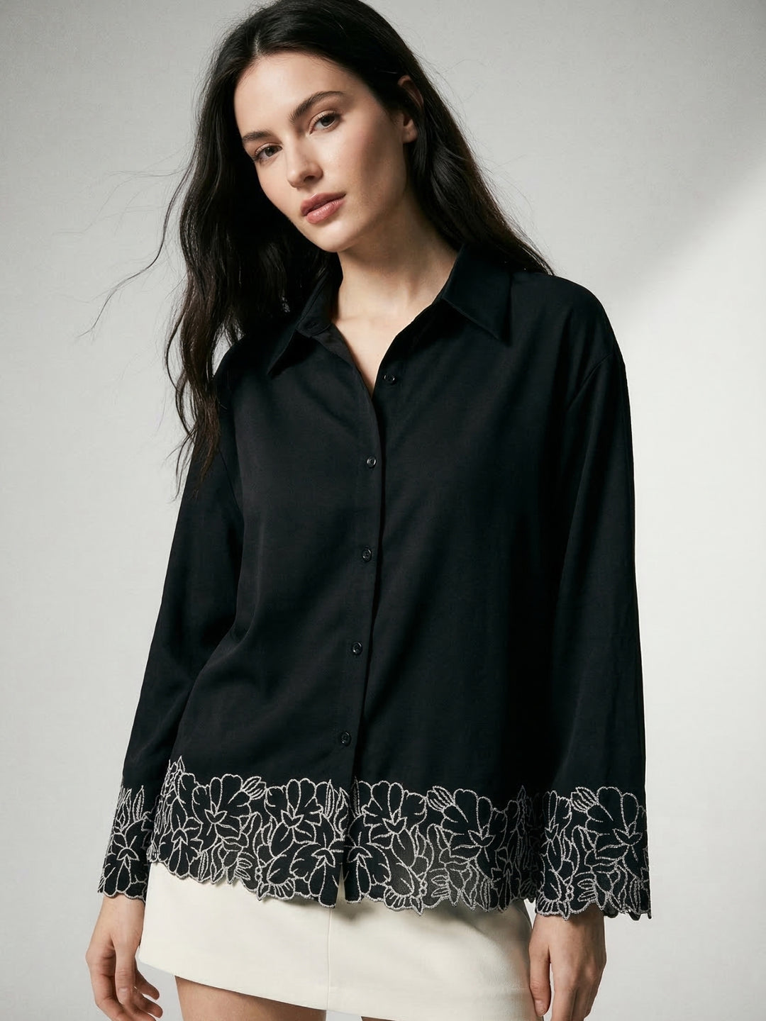 Black Flower Appliqued Front Buttoned Shirt