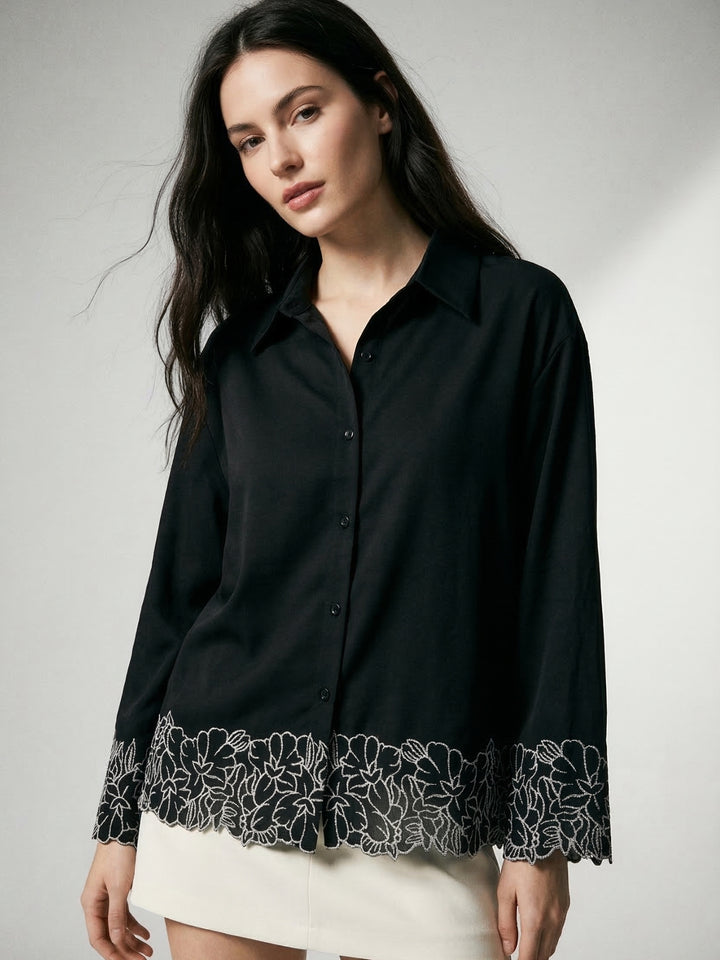 Black Flower Appliqued Front Buttoned Shirt
