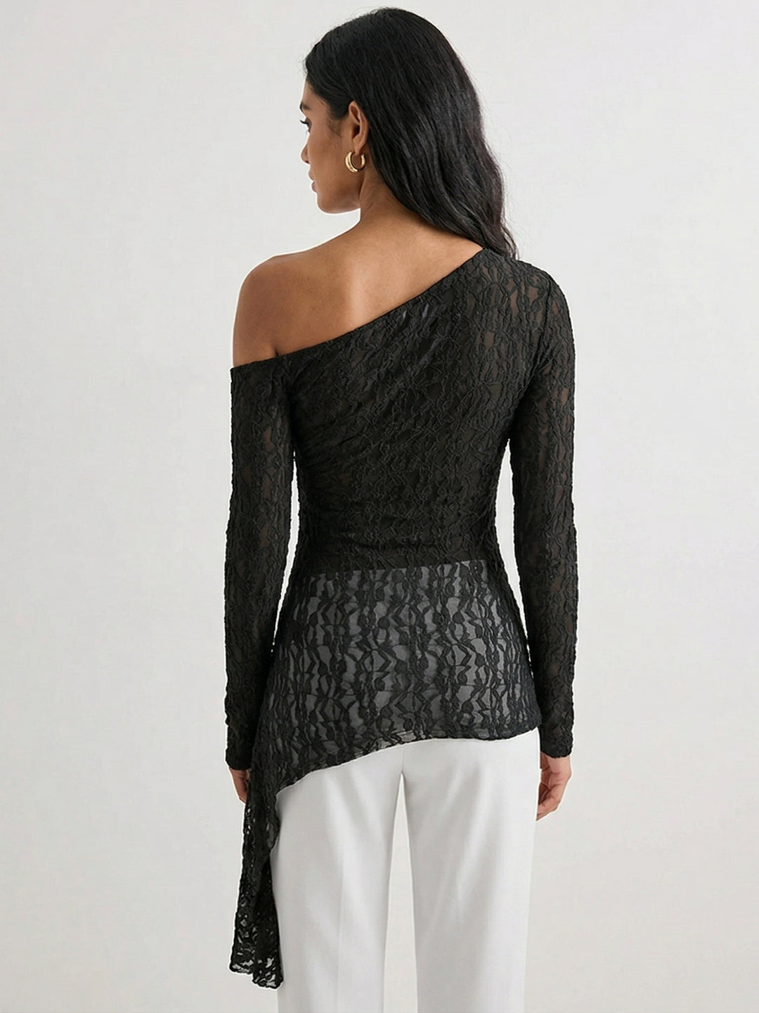 Black One Shoulder Sheer Asymmetrical Hem Top
