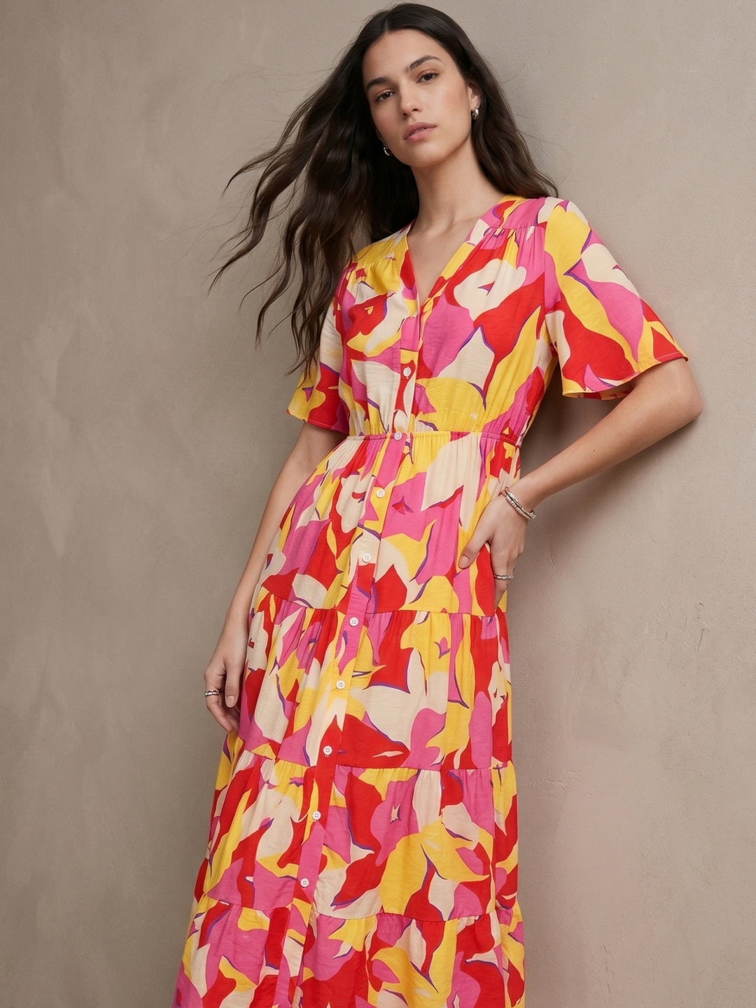Multi Short Sleeve Waist Belted Dress