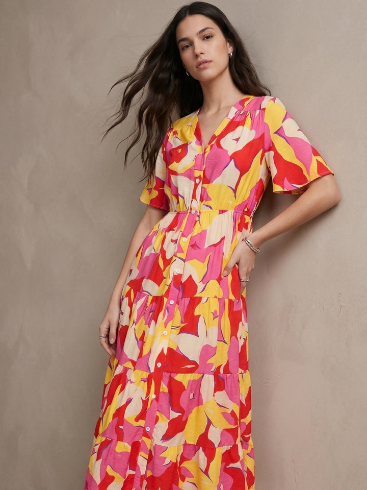 Multi Short Sleeve Waist Belted Dress
