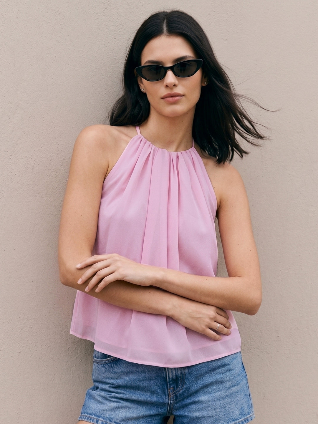 Pink Halter Neck Solid Blouse