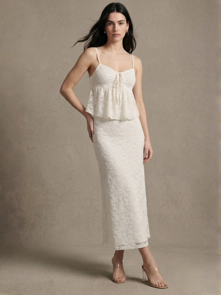 Cream Lace Camisole Top With Skirt Co-Ord Set