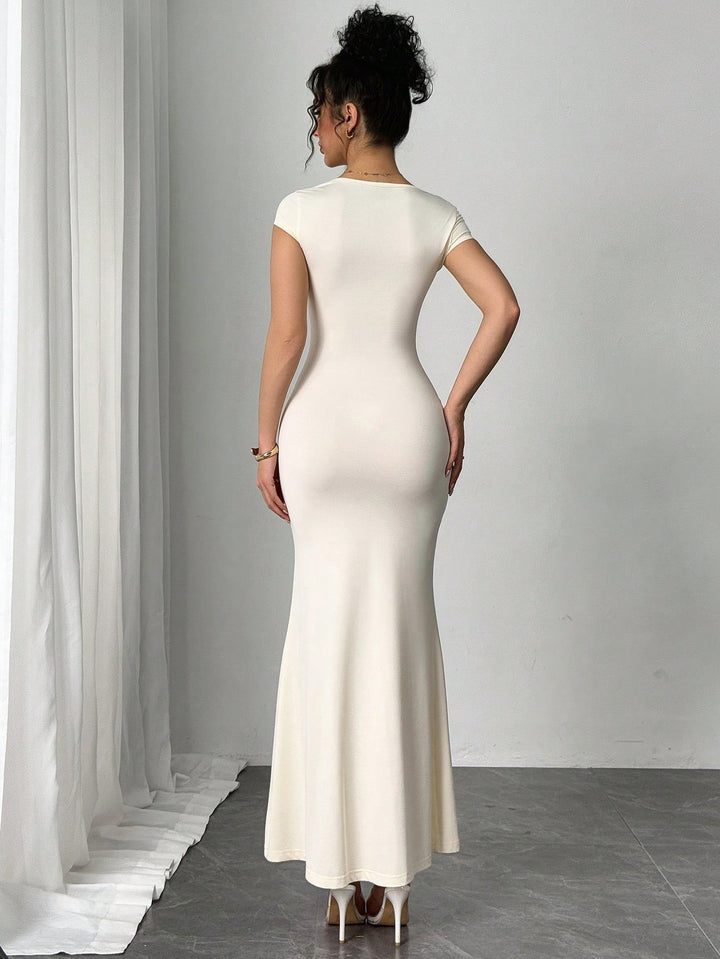 Beige Short Sleeve Metal Attached Dress