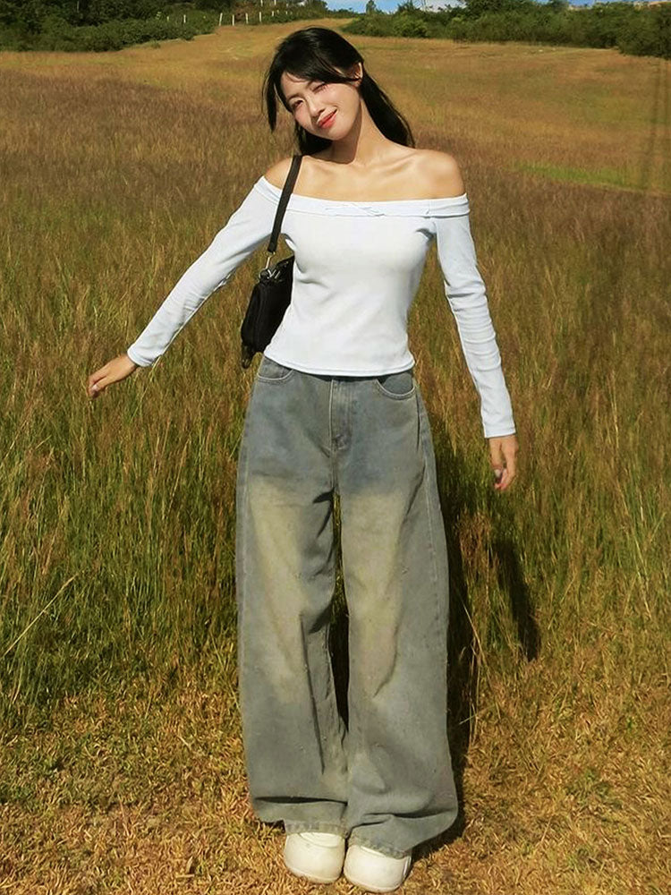 White Off Shoulder Full Sleeves Fitted Top