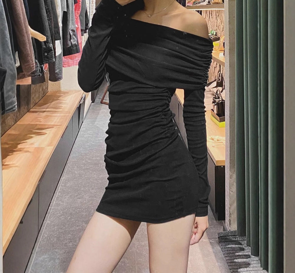 Black Off-Shoulder Side Ruched Dress