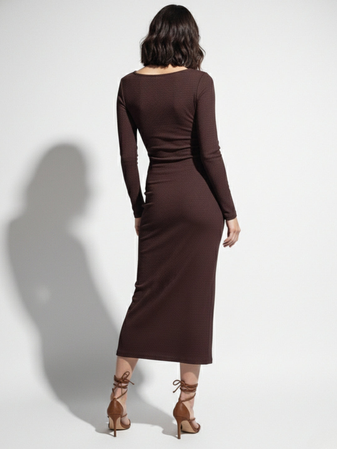 Brown Asymmetric Neck With Wrap Hem Metal Trim Detail Dress