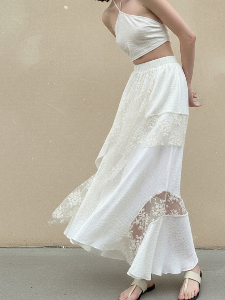 Cream Textured Skirt With Tiered Lace Inserts