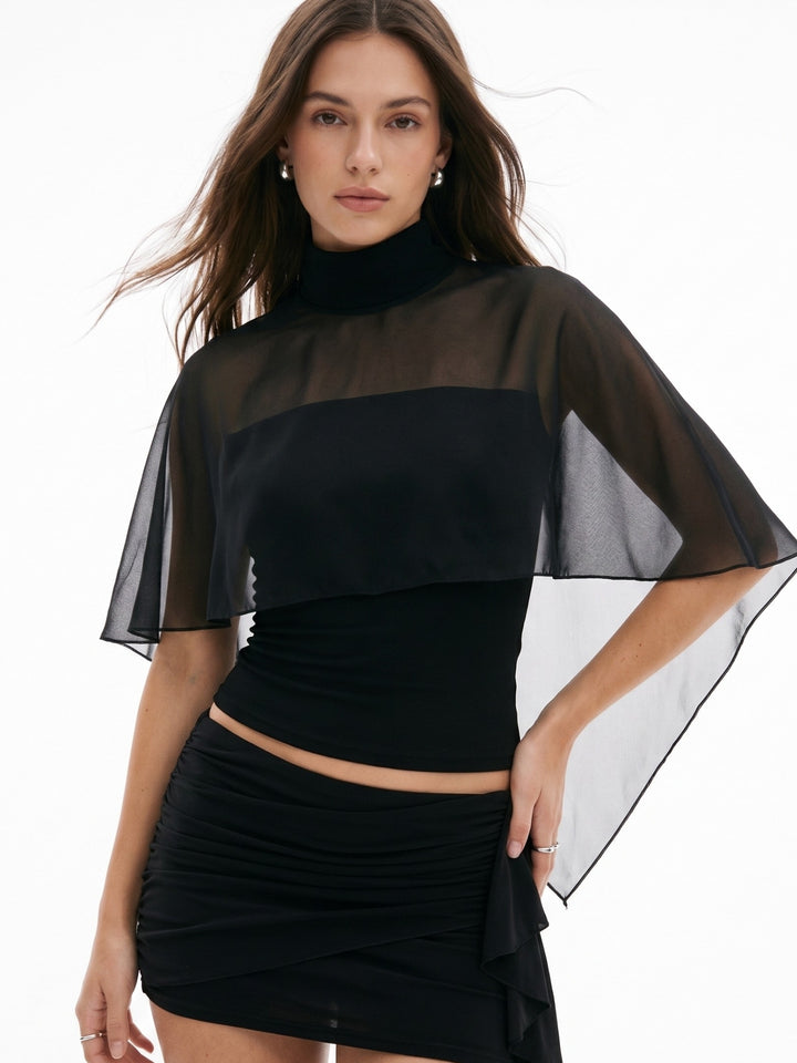 Black Mock Neck Draped Back Open Top