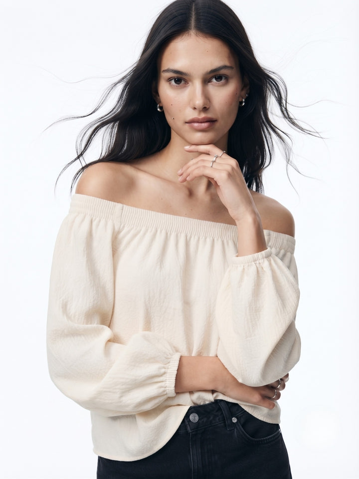 Off White Off Shoulder Balloon Sleeve