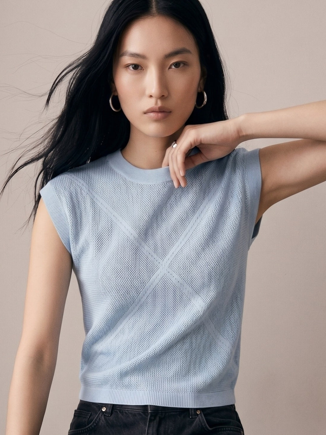 Blue High Neck Extened Sleeved Top