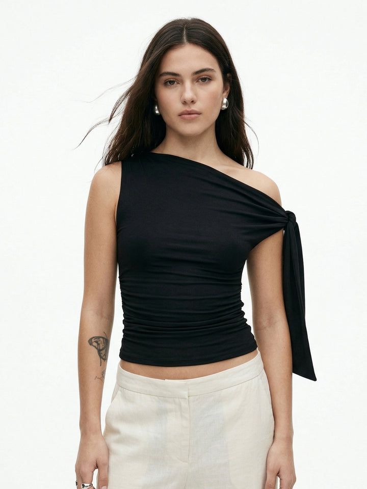 Black One Shoulder Tie-Up Top