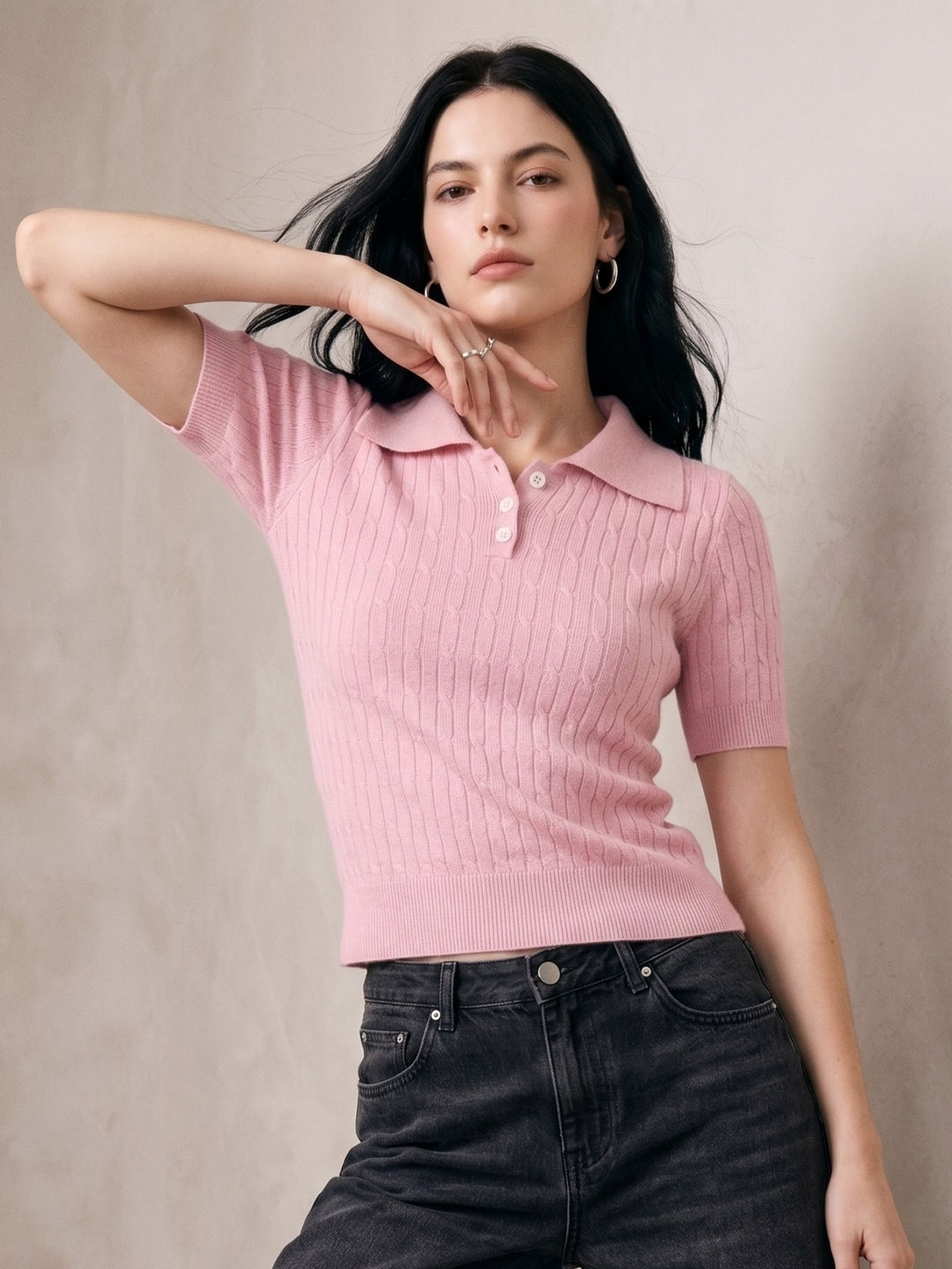 Pink Cable Knit Half Button Down Polo Top