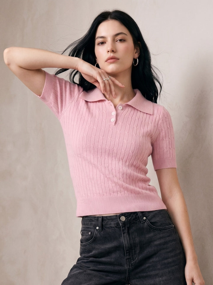 Pink Cable Knit Half Button Down Polo Top