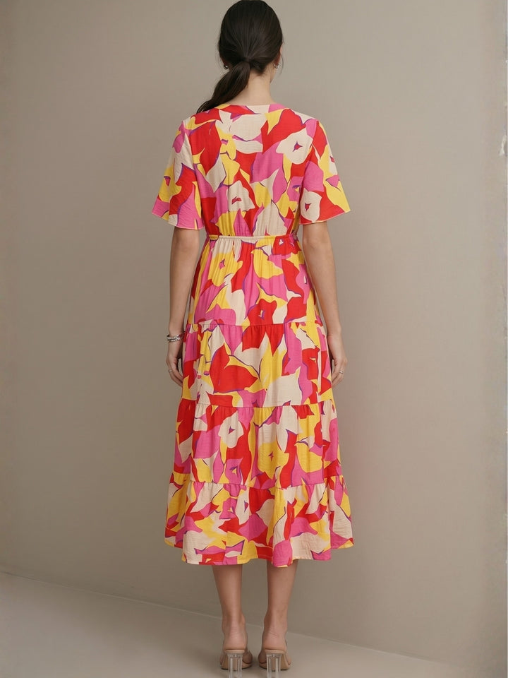 Multi Short Sleeve Waist Belted Dress