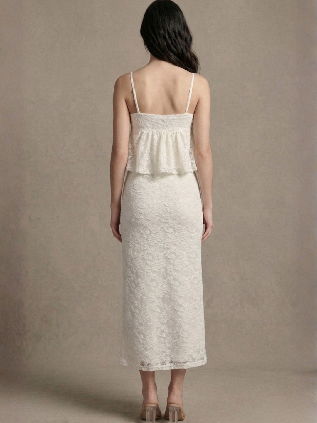 Cream Lace Camisole Top With Skirt Co-Ord Set