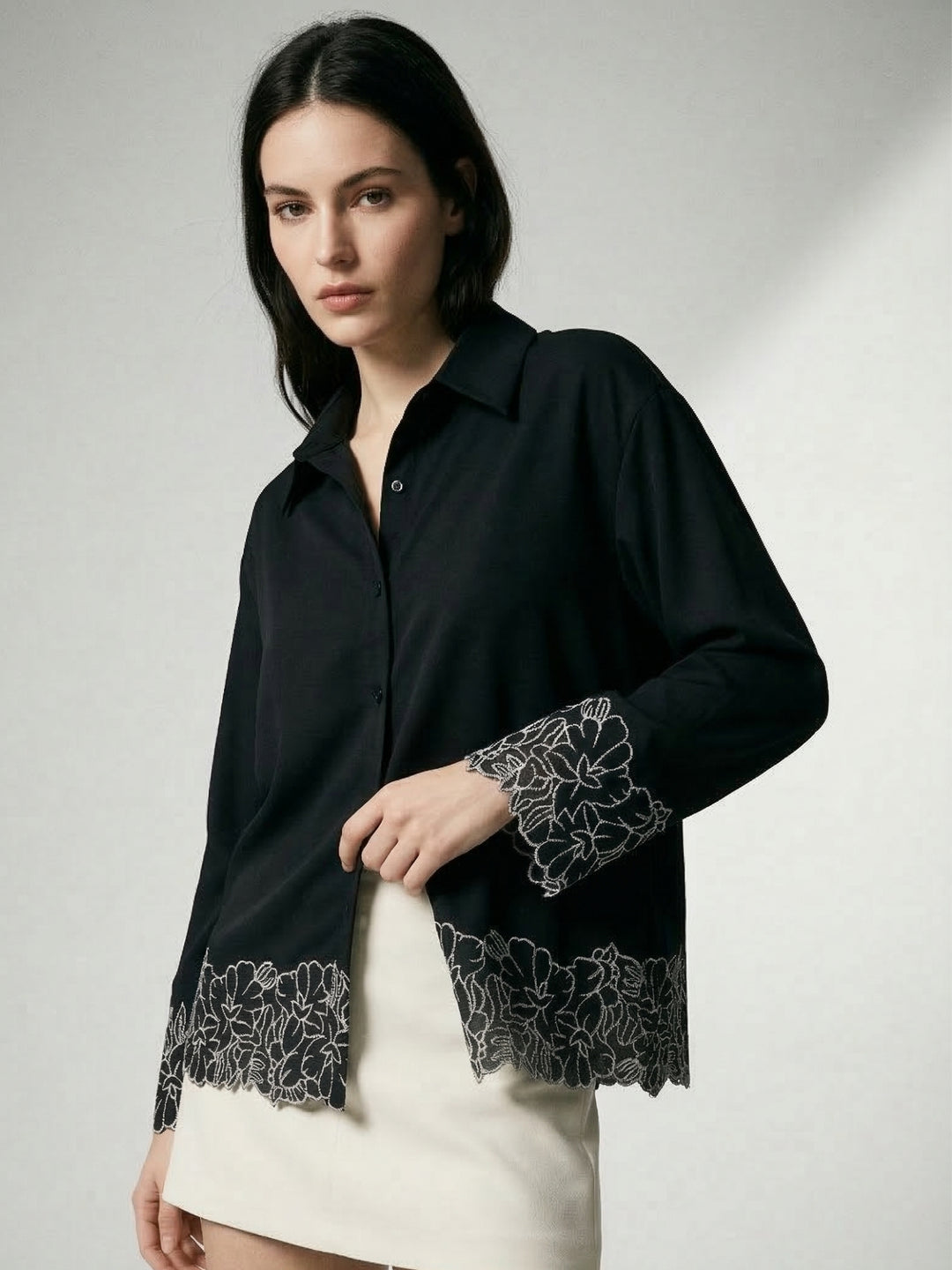 Black Flower Appliqued Front Buttoned Shirt